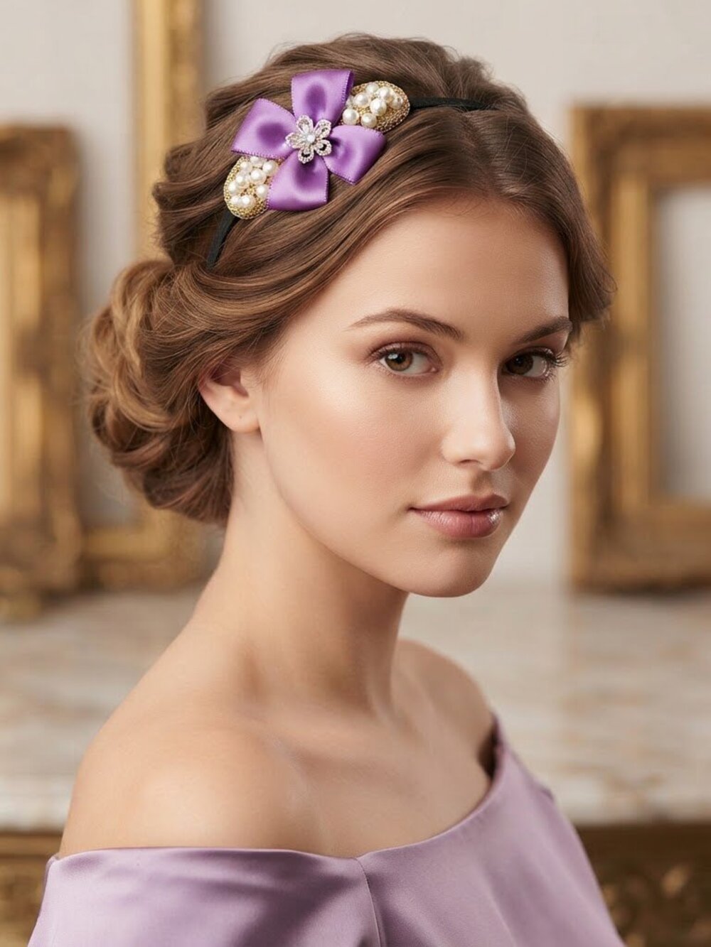 Purple Satin Bow Faux Pearl Rhinestone Flower Gold Trim Black Headband Regal
